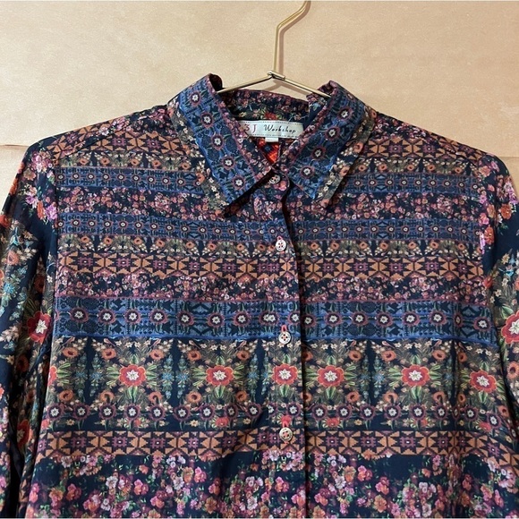 Johnny Was | Floral Button Front Shirt Velvet Back Top Cotton Silk Size XS - Picture 3 of 13